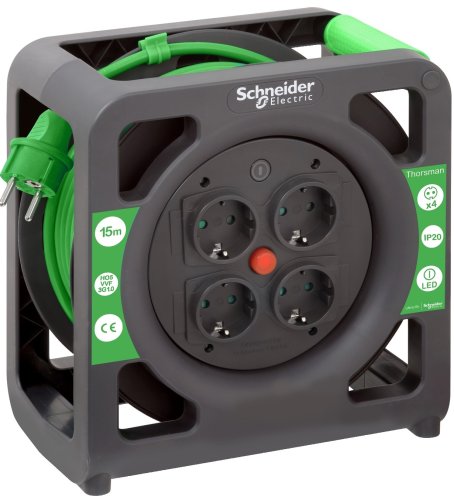 Удлинитель на катушке с заземлением Schneider Electric Thorsman 4х15м 10А 2200Вт IP20 фото Удлинитель на катушке с заземлением Schneider Electric Thorsman 4х15м 10А 2200Вт IP20 картинка